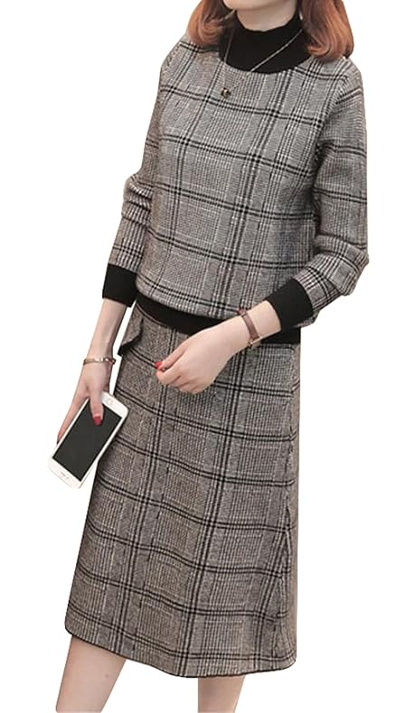 [ＴＡＩＴＥＮＧ] ワンピース レディース ニット セットアップ 秋冬 セーター スカート 膝丈 タイト 長袖 チェック柄 きれいめ 着痩せ ニットワンピース 上下セット カジュアル (Pブラック)
