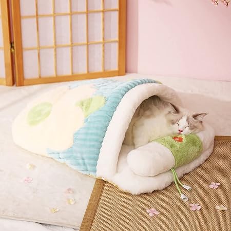 かわいいいひよこペット ベッド、かわいい猫ベッド、 猫 布団、かわいいペットベッド、枕付きさくら猫寝袋、猫ベッド、心を落ち着かせる犬ベッド、猫と子犬用の柔らかく暖かい居心地の良いペット用品 (Green Sleeping Bag)