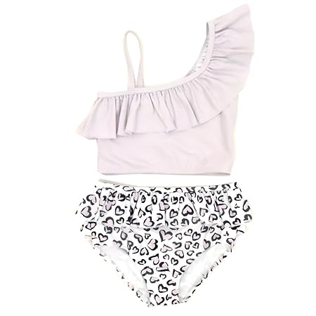 [AMUSA] ワンショルダー水着フリル柄パンツ２点セット キッズ ベビー 赤ちゃん 子供 女の子 (アニマル柄ラベンダー,90) ak1113