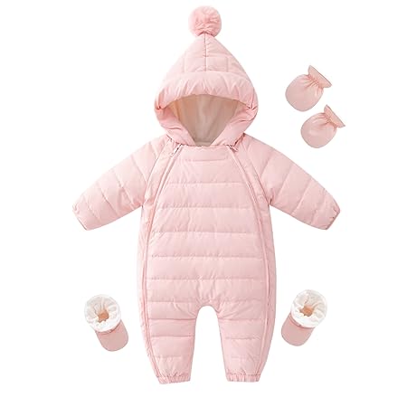 Baby nest ベビー服 ジャンプスーツ カバーオール 長袖 スノーウェア ダウンコート フード付き 防寒 秋冬用 男の子 女の子 ピンク 66 3-6ヶ月