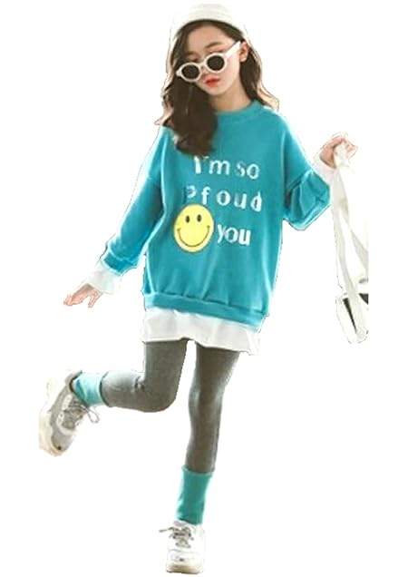 [B-TOPAZ] 子供服 女の子 ガールズ ジュニア スポーツウェア 上下 2点セット キッズ 長袖 ゆったり トップス レギンス 幼稚園 小学生 通園 通学 ルームウェア 普段着 韓国風 おしゃれ (ターコイズグリーン, 150ｃｍ)