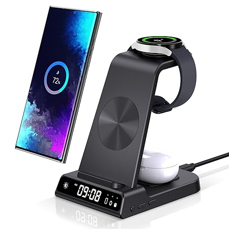 Galaxy Watch対応 3in1 ワイヤレス充電器 スタンド、Galaxy Watch 8/Ultra/7/6/5/4＆Galaxy Buds対応、Galaxy S25 Ultra/S25+/S25/S24/S23/S22/S21/S20/S10/Note 20/10/Z Flip 6/5/Z Fold 6/5適用、（アダプター含まず)