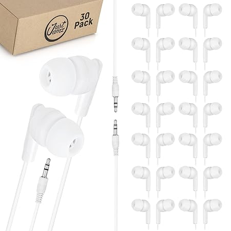 パールホワイト インイヤーイヤホン 30個パック 使い捨てイヤホン お手頃価格のヘッドホン 3.5mmオーディオジャック 学校/子供/教室/図書館用