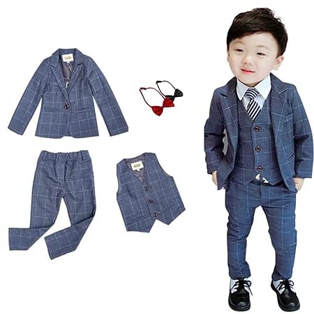 [ALICE] 男の子フォーマルスーツ キッズスーツ 子供服 スーツセット 4点セット ジャケット、ベスト、ズボン 、蝶ネクタイ おしゃれ かっこいい 入学式 七五三 卒業式 スリムタイプ 90-171cm