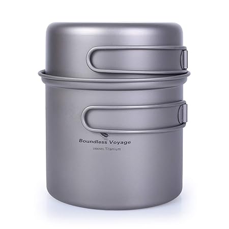 Boundless Voyage チタンクッカーセット ソロキャンプ コッヘル フライパン ポット 登山鍋 キャンピング調理器具 軽量 コンパクト 折りたたみハンドル クッカーセット アウトドア キャンプ用品 収納袋付き Ti2038C(1000+500ml（M）)