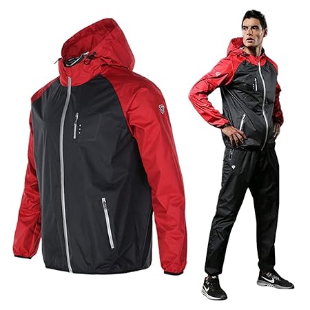 [MOECAT] サウナスーツ メンズ ダイエット 男性 発汗 シャツ スポーツ トレーニング ウェア 上下セット[5サイズ×5カラー] (ブラック＆レッド, L)