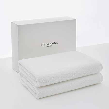 Calla Angel New York【エジプト超長綿GIZA86 100%】大判高級バスタオル 2枚組 高吸水 柔らかい 甘撚り 厚手 無地 上質コットン OEKO-TEX認証 ホテル仕様 ギフト 白箱入り 〔約68×138cm〕ホワイト