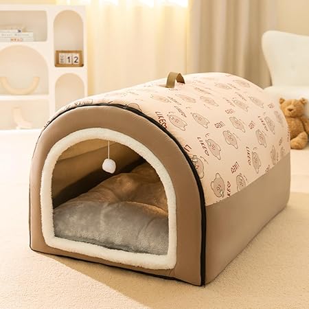ペットベッド ドーム型ハウス 犬猫用 室内用 冬用 ふわふわ 洗える クッション/屋根付き 犬小屋 オールシーズン ペット用品ド暖かい犬用ベッドかわいい滑り止めソフトクッション防寒防湿小動物が暖かい睡眠環境を手に入れます (M,A)