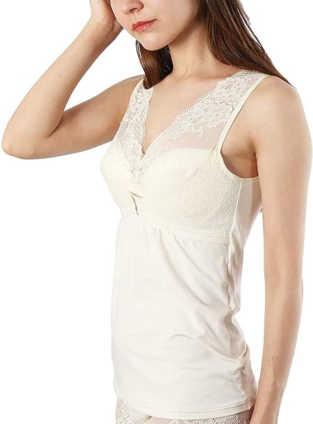 [Lulu Kushel.] 【公式】ルルクシェル くつろぎ育乳キャミ,ブラトップ,カップ付きキャミソール,ノンワイヤー,補正下着,ルームウェア,ナイトブラ,綿100%,レースインナー (L（4）, アイボリー)