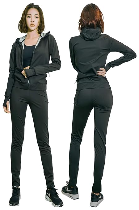[NANE] サウナスーツ レディース【人気 芸能人が愛用 最強減量 発汗力 6 倍 】 ウインドブレーカー ダイエット トレーニングウェア ストレッチ おしゃれ スポーツウェア 上下セット 洗濯可 フード付き (ブラック,3XL)