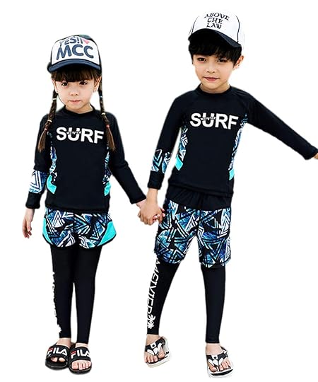 [YUEGUANG] キッズ 水着 セパレート長袖 UVカット 日焼け止め 男の子 女の子 3点セット ラッシュガード ジュニア 水遊び ビーチ プール 温泉 (girl-3点セット, 120cm)