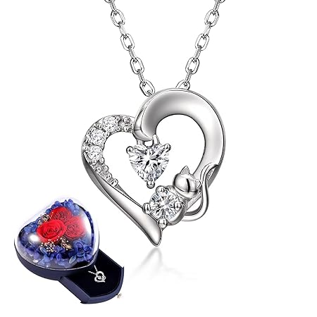 [sassu fine] 誕生石ネックレス ネコ オープンハート 国際標準シルバー925 レディースネックレス ローズ 枯れない花プリザーブドフラワー(4月)