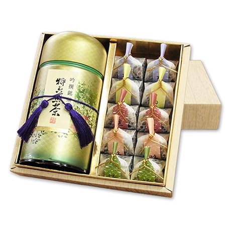 香典返し 満中陰志 御仏前 御供 お茶のモリタ園 「やすらぎ 桔梗」 仏事専用 やすらぎシリーズ ギフト 詰合せ おすすめ上煎茶100ｇ 羊羹10個 お茶とお菓子 和菓子 日本茶 煎茶