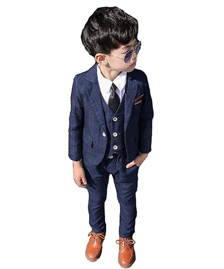 [RongFa] スーツ 男の子 5点セット フォーマルスーツ 小学生 セットアップ ジャケット シャツ パンツ ネクタイ ベスト チェック柄 紳士服 タキシードキッズ 七五三 入学式 誕生日 入園式(NAVY, 110)