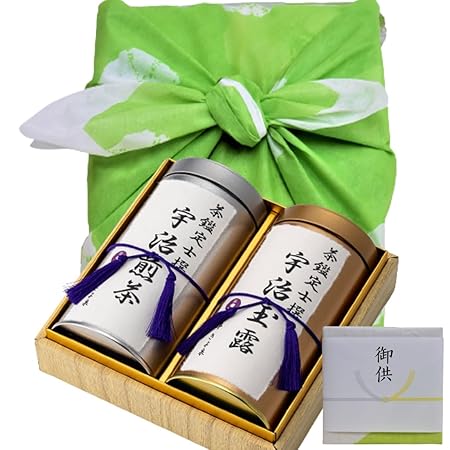 きよ泉 御供 宇治茶ギフト 150g×2 玉露 煎茶 風呂敷包み 熨斗付き (熨斗名入れ可) 宇治茶 高級ギフト 緑茶セット 茶葉 お茶ギフト 緑茶 土産 贈り物 仏事 初盆 お盆 新盆 お彼岸 御仏前 お供えギフト