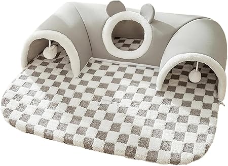 Riazdiw 猫用ベッド トンネル 犬用ベッド ふわふわ ペットマット 滑り止め ペットベッド かわいい ペットハウス 小型犬用 洗えるクッション付き (XL,グレー)