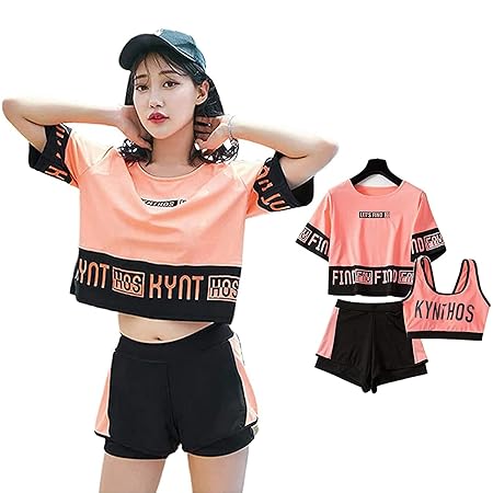 [SYitong] 水着 3点セット 体型カバー タンキニ フィットネス水着 半袖 UVカット 運動風 女性用 盛れる 夏 海 プール 旅行 スポーツ 水陸両用 水泳用 韓国風 10代 20代 30代 中学生 高校生 学生 ママ水着 普段着 女の子 かわいい (オレンジ, XL)