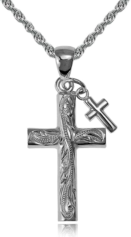 [レイラニ] ハワイアンジュエリー ダブル クロス スクロール彫り ペンダント ネックレス シルバー 925（ロープチェーン60cm付）