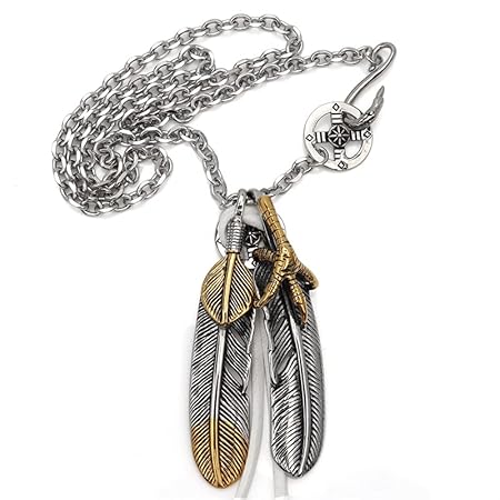 [silver KYASYA]ステンレス素材 特大フェザーネックレス ペンダント 羽根 金爪フェザー 上金ハート 先金フェザー 2枚 メンズネックレス