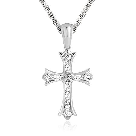 KRKC&CO クロスネックレス メンズ 十字架 ペンダントップ ジルコニア ロープチェーン付 K14金メッキ 【2点セット】 CZダイヤ キラキラ チェーンネックレス ヒップホップ 人気 プレゼント (CHシルバー)