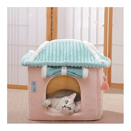 (HZYSHH正規ブランド) かわいいペットベッド、枕付きさくら猫寝袋、かわいい洞窟猫ベッド、心を落ち着かせる犬ベッド、8kg以下の猫と子犬用の柔らかく暖かい居心地の良いペット用品 (桜の別荘)