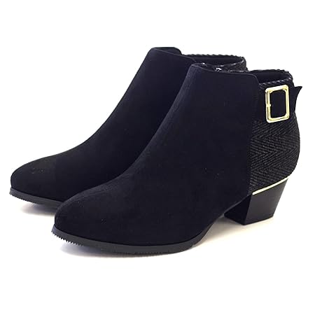 [アミアミ] 低反発 アンクルベルト ショート ブーツ チャンキーヒール KH630 (S(22.5cm～23.0cm), ブラック(スエード)×ツイード)