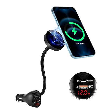 DACK Mag-Safe 15W 車用シガレットライター ワイヤレス充電器、磁気自動調整エアベントマウントホルダー デュアルポートPD&QC3.0高速充電付き iPhone 13/13 Pro/ 13 Pro Max/12シリーズ用