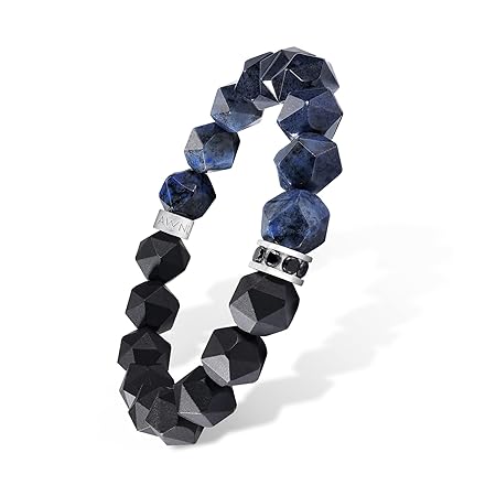 [AWNL] オニキスダモルチャイトブレスレット男性用スターリングシルバーセンターチャームメンズビーズブレスレット天然宝石 (10mmストーン) 15-16cm