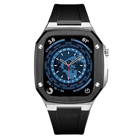 diosbras アップルウォッチ用 ケース for Apple Watch用 バンド カバー ステンレス ケース ラバー ベルト 44mm 一体型 Series 9/SE/8/7/6/5/4/3/2/1に対応 (ブラック＆シルバー/ラバー/44mm)