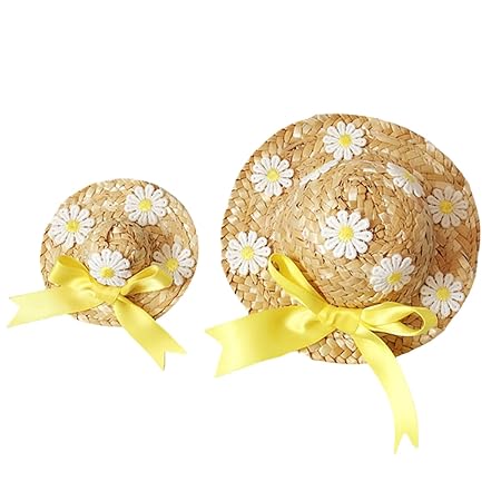 2個 ペット用品帽子犬猫かわいい日よけ麦わら帽子レースペットドレスアップアクセサリーテディ素晴らしい、麦わらカウボーイハット軽量ペット夏の帽子ペット犬かわいい (9cm*15.5cm)