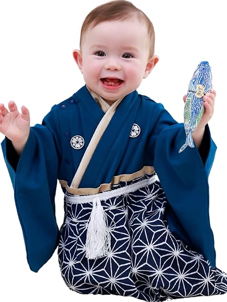 [スウィートマミー] ベビー袴 男の子 袴ロンパース 家紋刺繍 ベビー 着物 カバーオール 紋付袴 和装 キッズ オーガニックコットン身頃 お宮参り お食い初め 初節句 お正月 こどものひ [麻の葉ネイビー /80]