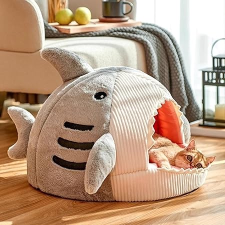 GIIPET-猫 ハウス 冬 サメの形 かわいい 猫ベッド ペットベッド 冬用 暖かい ふわふわ 猫用 ベ ッド 小型犬 キャットハウス クッション 寝床 ペットハウス 冬寒さ対策 ソフトケージ 冬用 暖かいぐっすり眠れる休憩所 滑り止め 室内用 (グレー, S 40x40x32CM)