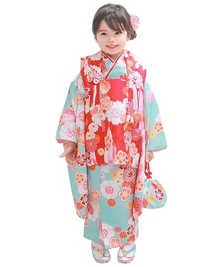 [KYOETSU] [キョウエツ] 着物セット 七五三用 3歳用 被布セット 華やかA 9点セット(柄被布、柄着物、伊達衿、長襦袢、髪飾り、巾着、草履、腰紐、足袋) ガールズ (4.蒼の夢咲き)
