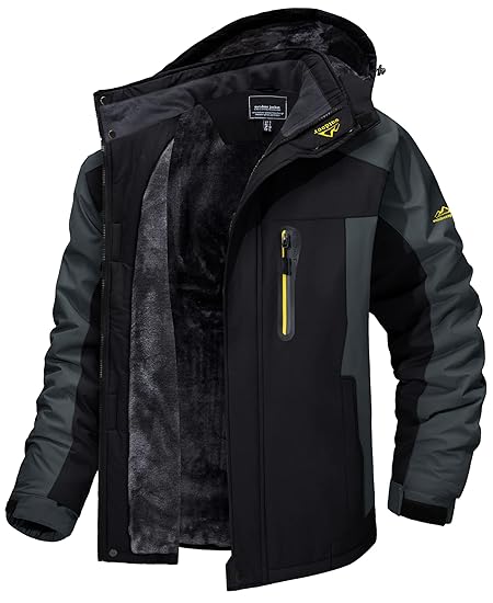 [TACVASEN] ウンテンジャケット スキーウェア 登山服 メンズ アウトドア ジャケット 裏フリース コート 防水防風 黒灰 L