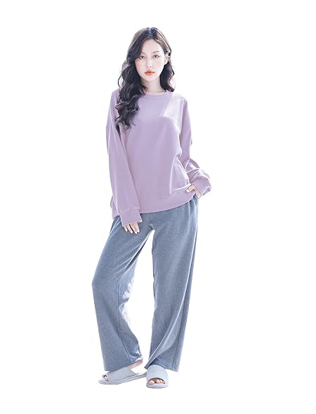 [MiniZaru] ルームウェア パジャマ 部屋着 レディース 上下 セット 長袖 暖かい 可愛い 春 秋 冬 (パープル L)