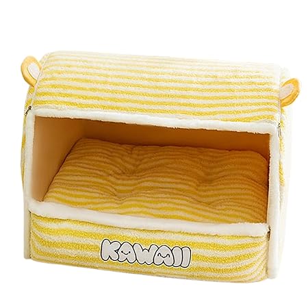 2024年 猫ベッドと猫の巣 秋冬ペットベッド かわいい猫の巣 ペット折りたたみハウス あったかふわふわ 防寒 洗える 丈夫でしっかり ペット用品 (黄色, L)