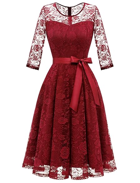 [ドレッシースター] ワンピース レディース レースドレス ひざ丈 結婚式ドレス 七分袖 リボン付け 通勤 二次会 発表会 お呼ばれ 大きいサイズ ダークレッド XXLサイズ