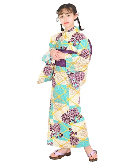 [KYOETSU] [キョウエツ] 浴衣セット ジュニア レトロ 変わり織 3点セット(浴衣、兵児帯、下駄) ガールズ (150cm, 5.陰影菊)
