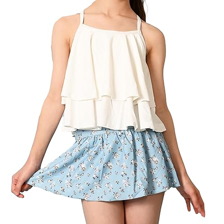 [AMUSA] ビンテージフラワー柄2段フリルセパレート水着 キッズ ベビー 2点セット 赤ちゃん 子供 女の子 (ブルー,90) ak1103
