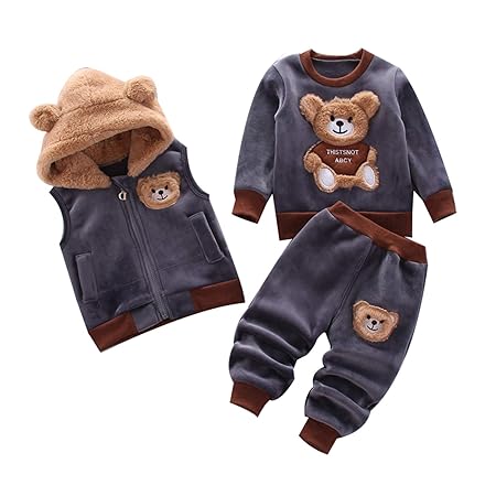 [CXYP] キッズ服 秋冬 女の子 男の子 上下3点セット チョッキ フード付き ベスト コットン 子供服 クマ カワイイ 暖かい カジュアル 幼児 長袖 (90cm, コーヒ色)