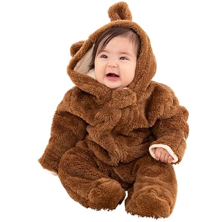 [スウィートマミー] Sweet Mommy ベビー くまさん うさぎさん 着ぐるみ ロンパース ジャンプスーツ カバーオール 防寒 フード付き マシュマロボア オーガニックコットン裏地 [くま]ブラウン 70