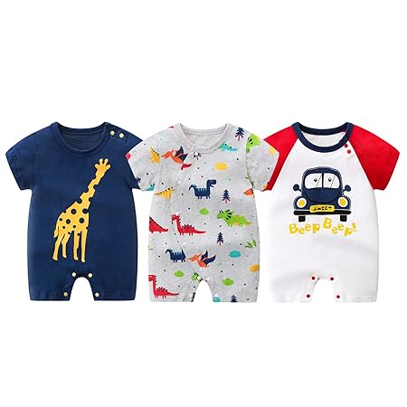 [Comfort U] ベビー ロンパース 夏 半袖 カバーオール 3枚セット コットン100％ 薄手 赤ちゃん服 Baby 肌着 前開きタイプ スナップ 新生児服 普段着 可愛い 着替え便利 男の子 出産祝い 北欧スタイル (66/3-6M)