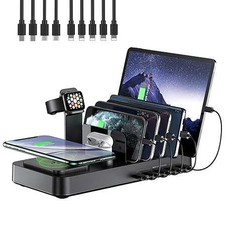 ワイヤレス充電ステーション 複数のデバイス用 5つのUSBポート充電ドック 10Wワイヤレス充電器と9つの短い混合ケーブル付き AirPods iWatch充電スタンド iPhone/iPad/Android/タブレット用 - ブラック