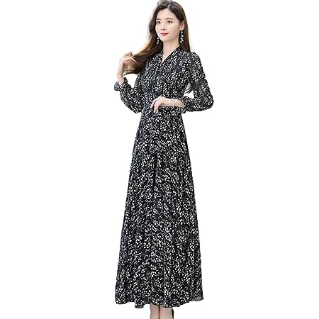 [ジェイスコット] 長袖 シフォン ロングワンピース フレア 花柄 マキシ丈 フェミニン タイネック メリハリシルエット きれいめ ロングシーズン かっこいい 春 秋 冬 着やせ 春秋 秋 楽 素敵 セレカジ 韓国 ぬけ感 日常使い お洒落 ナチュラル こなれ感 韓国風 ぴったり コーディネート テレワーク らくちん すてき 黒 色 ブラック JS08-BK-S