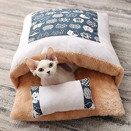 猫ベッド 犬ベッド ペットベッド 猫 寝袋 猫布団 暖かい 柔らかい ふわふわ 犬用 猫用寝袋 ペットベッド クッション ふわふわ 寒さ対策 キャットハウス 半密閉式 猫布団 ふとん 洗える 暖かい (青, M)