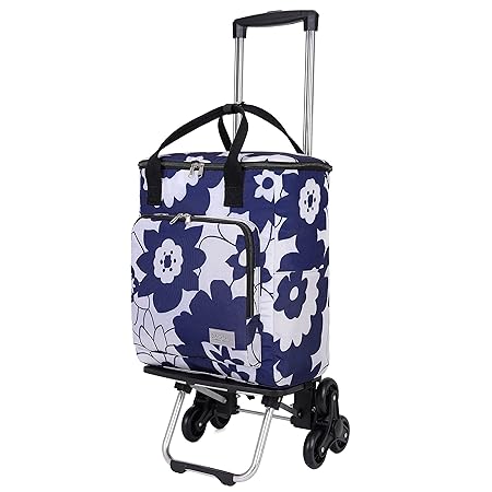 ［BAGING バギング］5段階調整可能 階段も引いて上がれる 保温保冷 ショッピングキャリー 6輪静音キャスター 折りたたみ 買い物カート 909 (ネイビーフラワー)