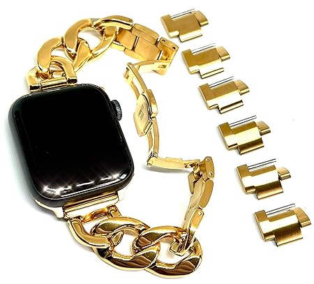 Royce&Roland Apple watch チェーンバンド バタフライバックル おしゃれ アップルウォッチ 時計 バンド (ステンレス/シルバー) レディース メンズ ギフト プレゼント (40mm 41mm 42mm, ゴールド)