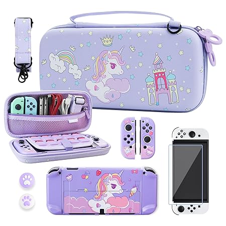 RHOTALL かわいいユニコーンキャリーケースセット Nintendo Switch Oled用 パープル収納ケース 保護ケース付き スクリーンプロテクター付き 調節可能なショルダーストラップと親指キャップ2個付き