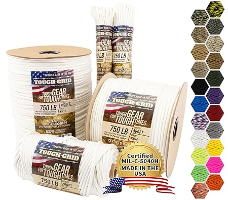 (タフグリッド) TOUGH-GRID パラコード パラシュートコード 純正軍用仕様タイプIV 750ポンドパラコード 米軍使用 MIl-C-5040-H 100%ナイロン 米国製 200Ft. (WOUND ON TUBE) ホワイト