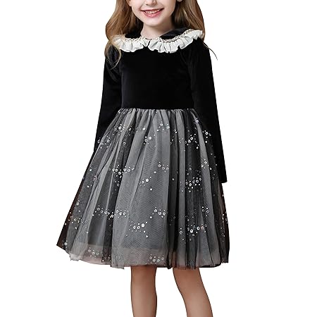 [Weileenice] 子供 ビロード ドレス 黒 女の子 110 発表会 ワンピース 長袖 スパンコール ブラック フォーマル 結婚式 冬 秋 プリンセス フリル キッズ 女児服